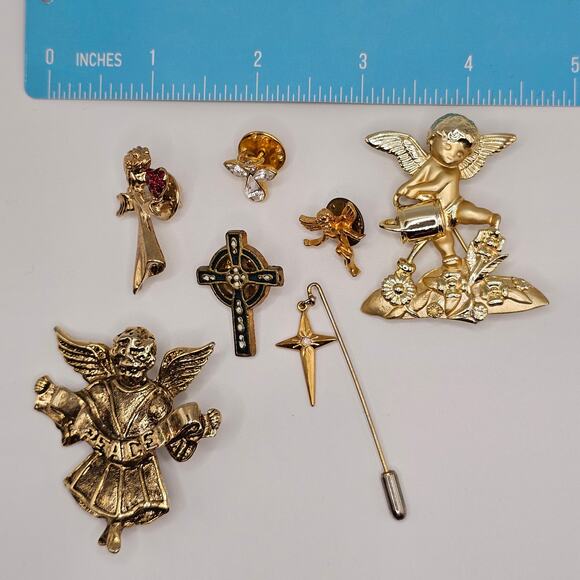 Vintage Brooch Pin Costume Jewelry Bundle Angel Cross Goldtone Faith Religious - Picture 11 of 11
